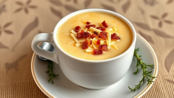 Lightened Up Cheddar Cauliflower Broccoli Soup garnished with cheese and bacon.