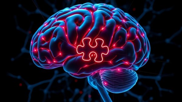 Illustration of Alzheimer's brain with puzzle piece missing, experimental drug NU-9.