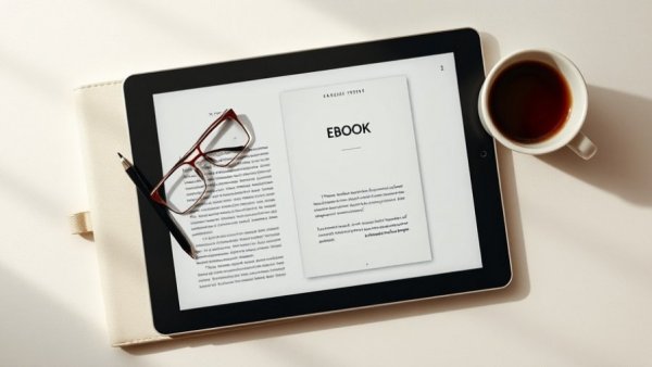 Minimalist flat lay of an eBook cover with coffee and glasses.