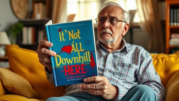 Cover of 'It's Not All Downhill from Here' in a cozy setting.