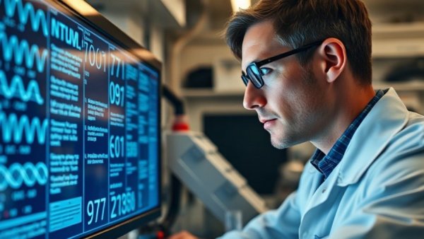 Geneticist studying DNA sequences in lab, Variant to Phenotype in Genetic Testing.