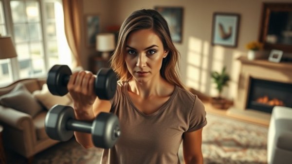 Focused woman enjoying a winter travel workout indoors.