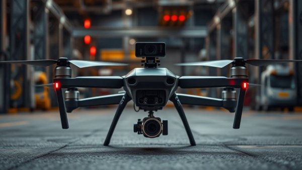 Drone in industrial setting emphasizing foreign-made drone ban.