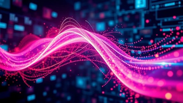 Ultra-sensitive imaging system concept with vibrant wave and particles on digital background.