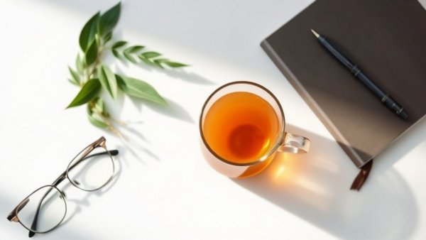 Book cover with herbal tea and notebook, lifestyle theme.