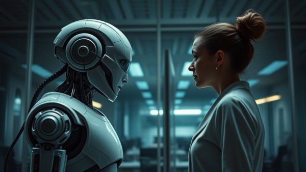 AI video realism: Humanoid robot confronting person in futuristic office.