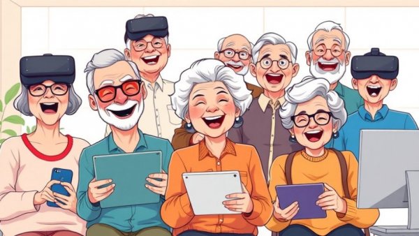 Cartoon of older adults using tech gadgets for health.