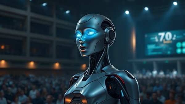 Futuristic female android presenting AI technology on stage, Open Source AI Solutions