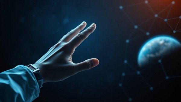Futuristic human and robotic hands touching, cosmic tech background.