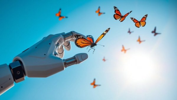 Futuristic robotic hand with a butterfly in a sunny sky, symbolizing technology-nature harmony.