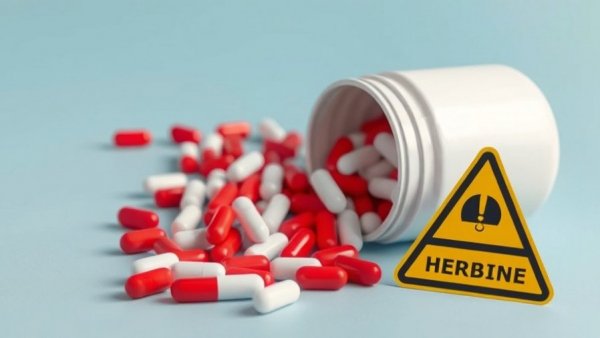 Red and white capsules with warning sign, illustrating tramadol risks and benefits on blue background.