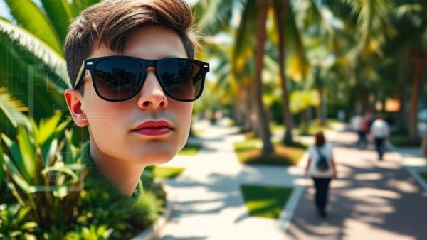 Person using Google Disco AI Web Browsing outdoors in tropical setting.