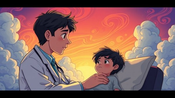 Surreal cartoon of emotional doctor-patient interaction, highlighting emotional connections in healing.