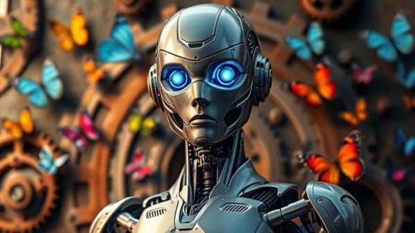 AI Agent Monetization Platform concept with futuristic robot and gears.