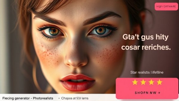 AI Image Generation advertisement with stylized female face and ratings.