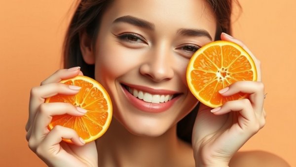Woman with orange halves promotes eating vitamin C for skin health.