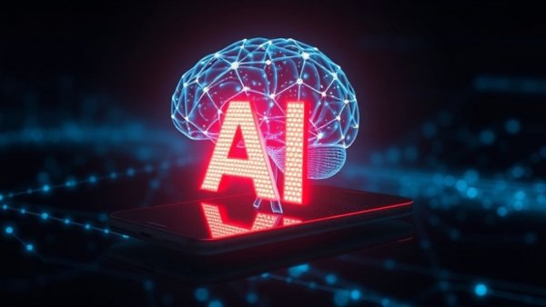 Futuristic glowing AI brain emerging from smartphone