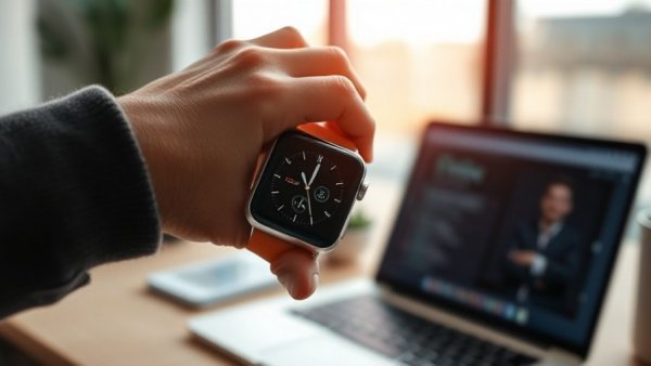 Close-up of an Apple Watch interaction in a modern workspace.