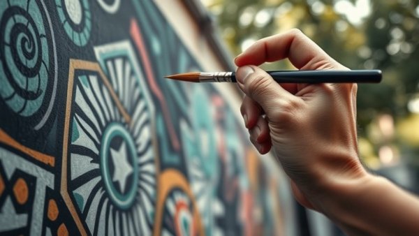 Artist setting intentions while painting a mural, focus on hand.