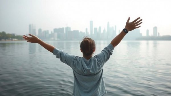 Person embracing calm, city skyline across tranquil lake, self improvement practices.