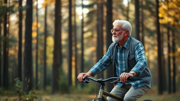 Elderly man cycling in forest, mindfulness for men.