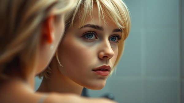 Mindfulness and Self-Discovery: Woman reflecting in a mirror.