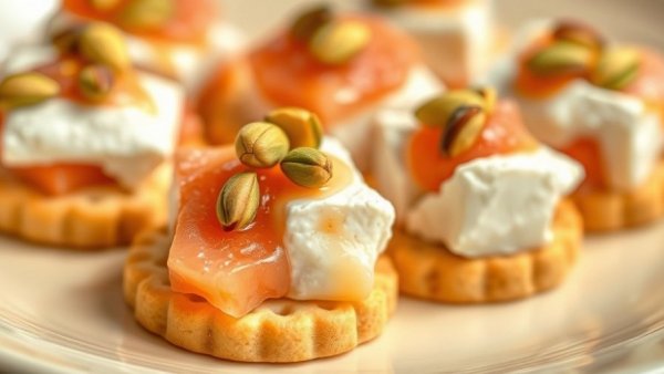 Guava paste cheese crackers topped with pistachios on a cream plate.