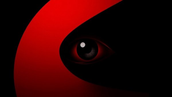 Abstract eye design amidst red and black layers symbolizing government surveillance alerts.