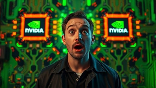 Shocked man with Nvidia and Groq chips, circuit background in vivid colors.