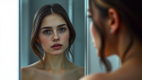 Young woman practicing mindfulness and self-discovery, looking into a mirror.