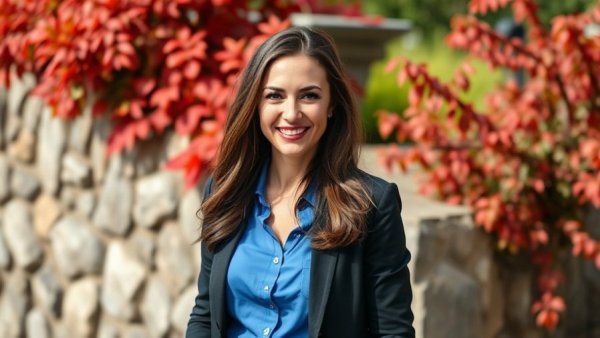 Confident woman smiling outdoors by a stone wall with foliage, related to AI phone system healthcare savings.