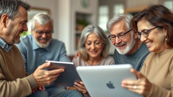 Lively group interaction with mature individuals, enjoying technology in a learning setting, looking forward to Mondays with Tom Kamber.