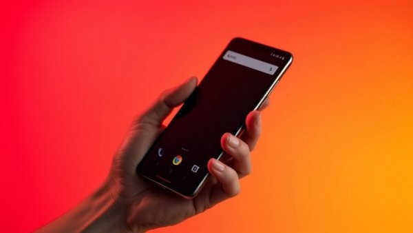 Hand holding sleek smartphone against vibrant gradient, Google Gemini Live Upgrade.