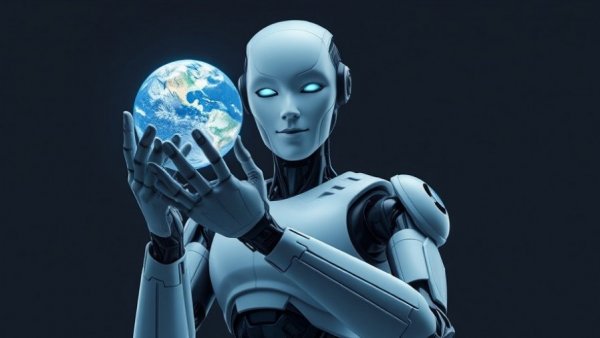 Futuristic robot holding Earth symbolizing AI data center market growth.