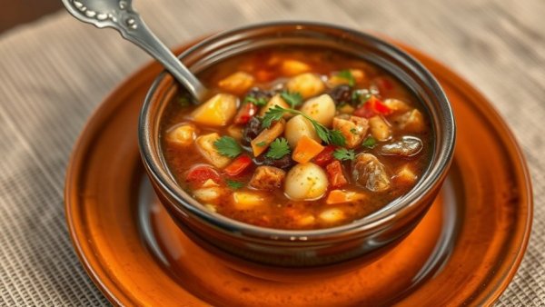 Vibrant bowl of Hopping John Soup with spoon on terracotta plate.