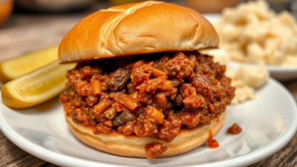 Crockpot Sloppy Joes served with pickle and mashed potatoes.
