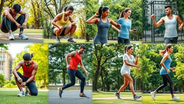 Active lifestyle collage: fitness and Japanese walking method.