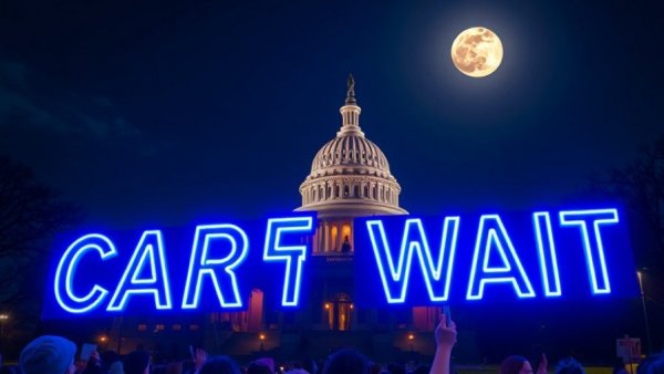 Bright 'CARE CAN'T WAIT' sign at Capitol, family caregiver support policies.