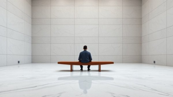 Minimalist scene showcasing exploration and personal growth, single figure on a bench.