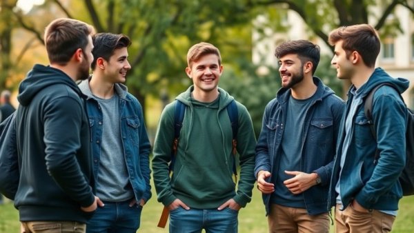 Group of young men conversing outdoors in a park setting.
