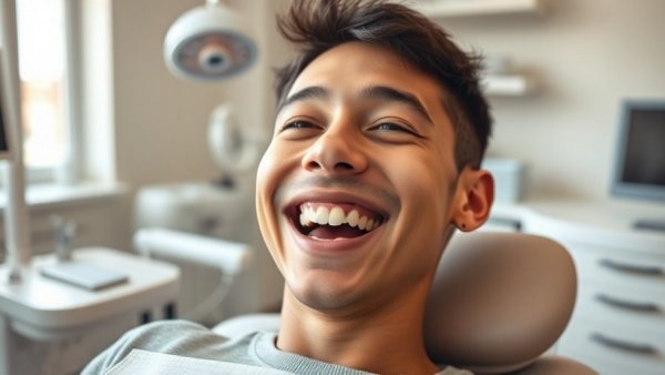 Smiling patient receiving myofunctional therapy in a dental clinic.