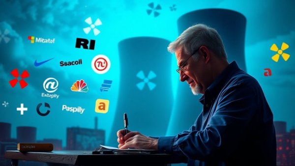 Surreal illustration merging nuclear energy and AI themes with technology logos.