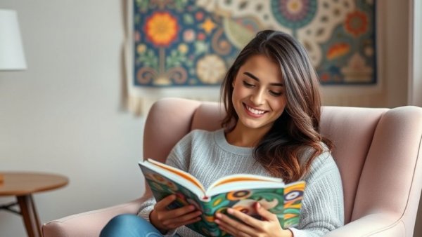Relaxed woman reading a book in cozy chair, Fitness Book Reviews.