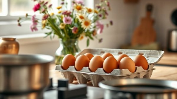 Egg carton on a wooden counter with flowers and stovetop, best value egg brands.