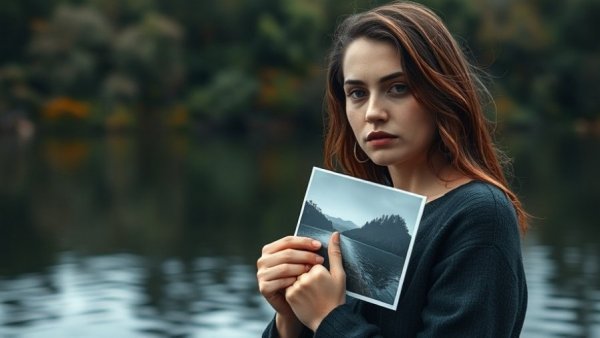 Somber woman holding a photo by a lake, reflecting on cosmetic surgery advertising risks.