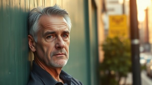 Middle-aged man with contemplative look, urban setting, support for caregivers of mental illness.