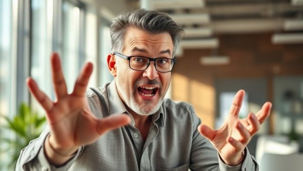 Animated middle-aged man gesturing in office, balancing people and process.