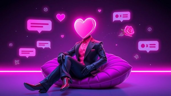 Futuristic humanoid with heart screen head seated, neon digital art.