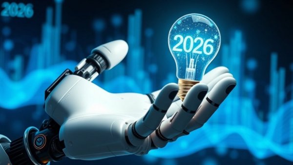Futuristic AI predictions for 2026, robotic hand holding bulb.
