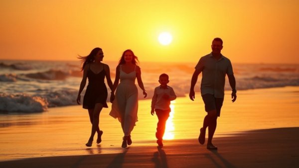 Family expressing gratitude at a sunset beach